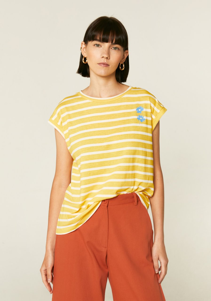 Camiseta de manga caída con estampado de rayas bicolor amarillas