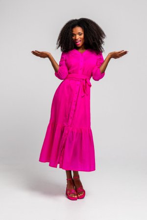 Vestido midi camisero fucsia
