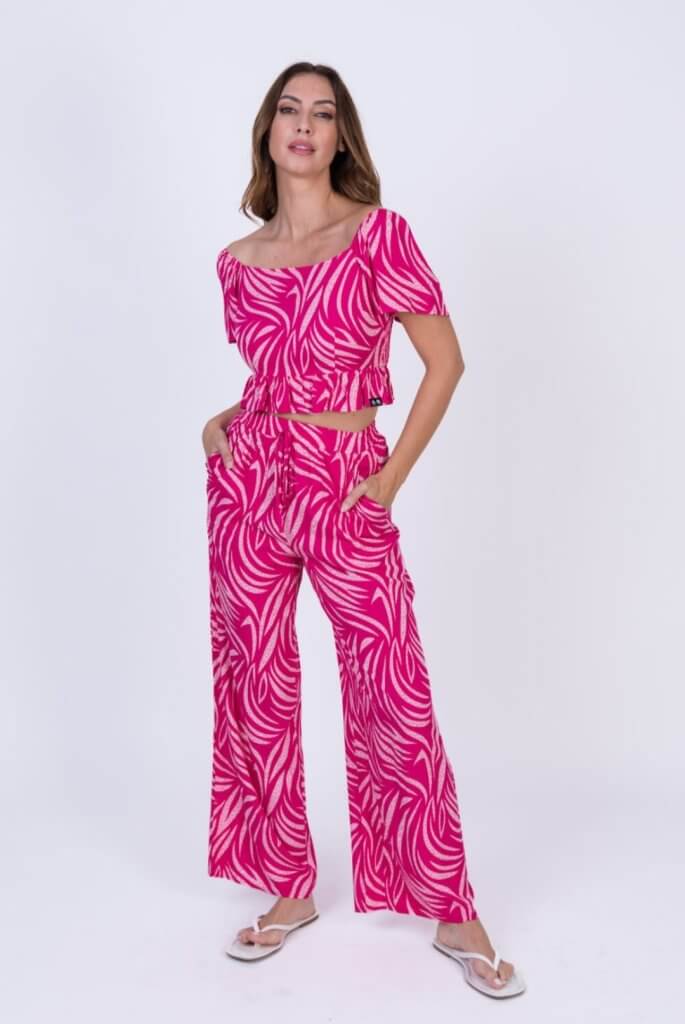 Pantalón hojas rosa