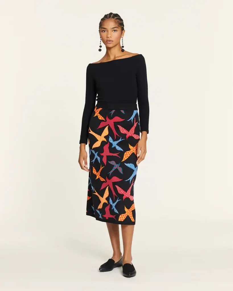 Falda midi de punto con estampado de pájaros