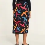 Falda midi de punto con estampado de pájaros