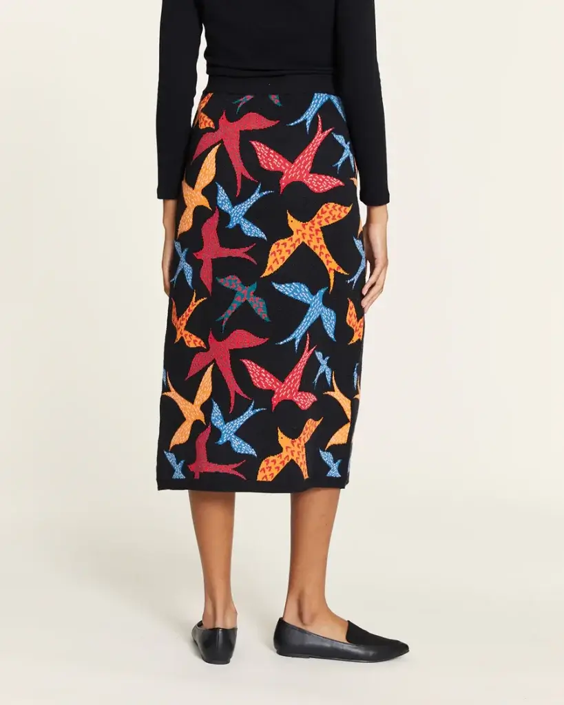 Falda midi de punto con estampado de pájaros