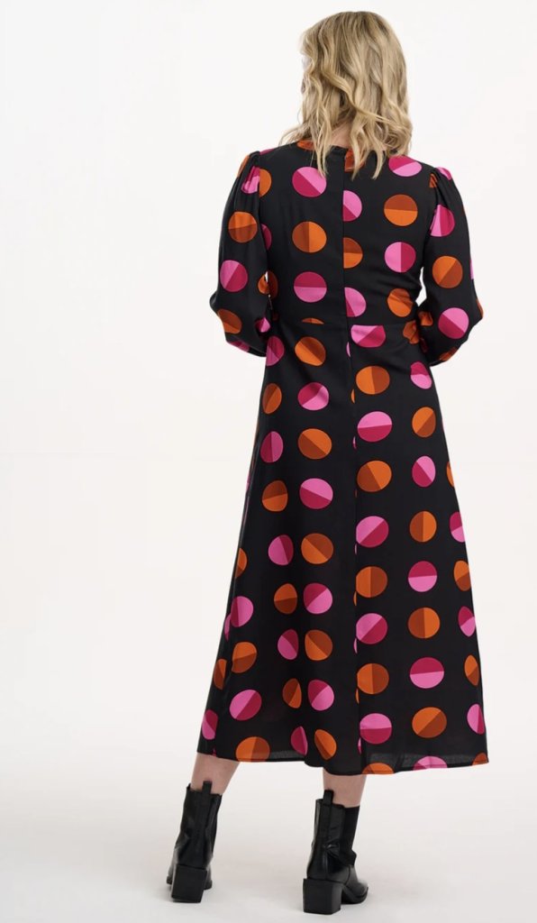 Vestido midi lunares fucsia y naranja