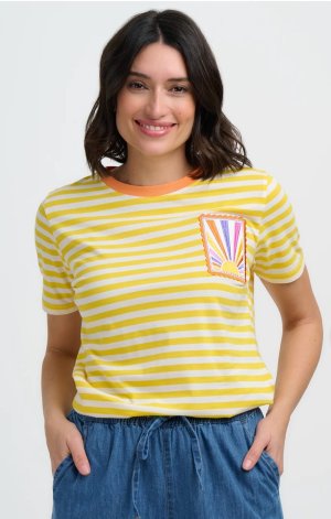 Camiseta rayas amarillas cuello naranja