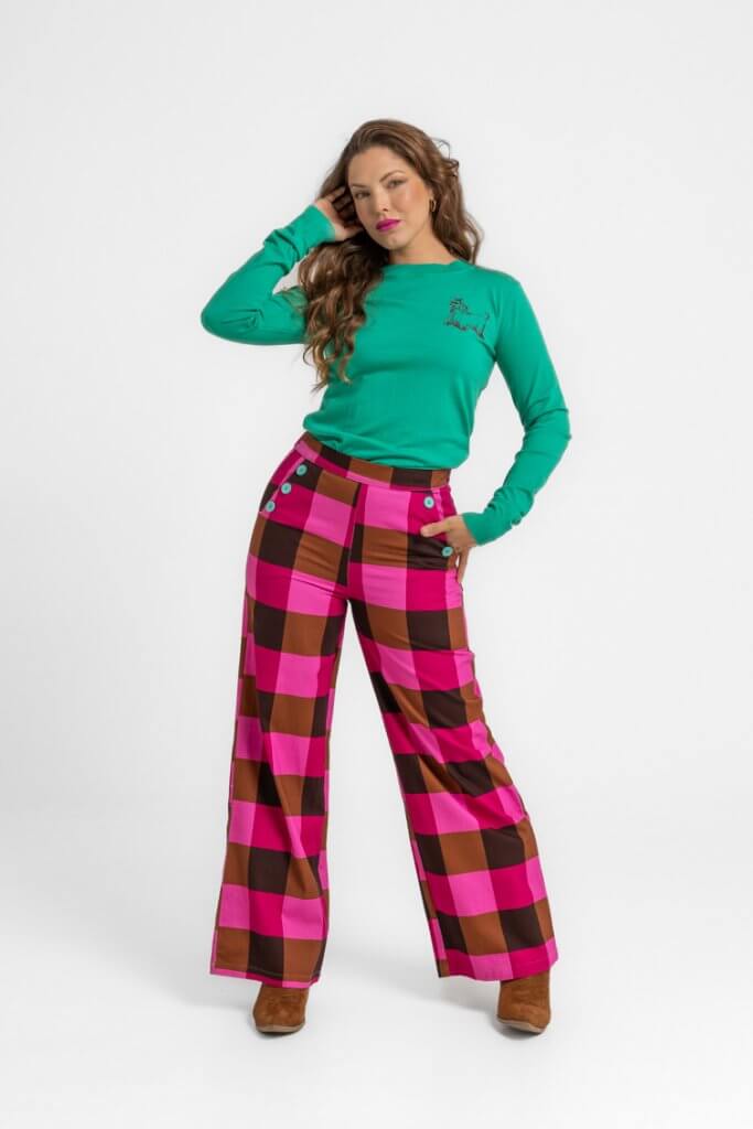 Pantalón cuadros fucsia y marrón